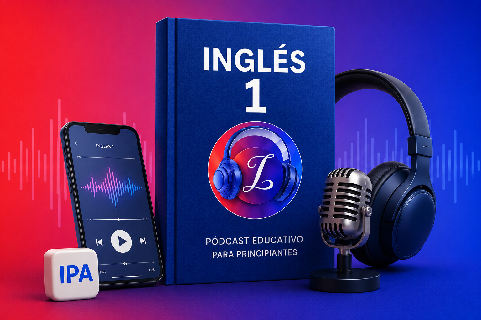 Libro-Pódcast Inglés 1 con celular, micrófono, audífonos y notación IPA para aprender inglés desde cero.